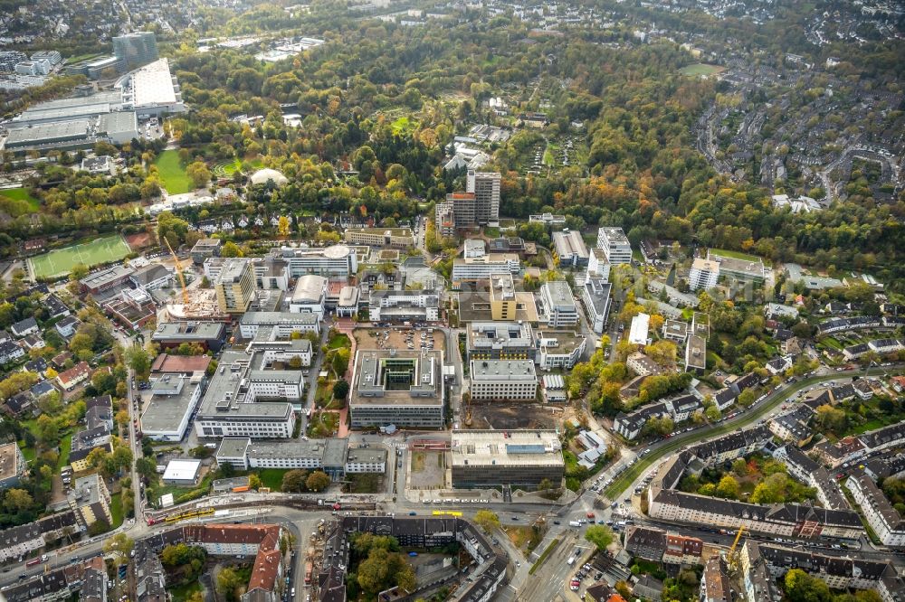 Essen from above - Construction site for a new extension to the hospital grounds Universitaetsklinikum Essen in Essen in the state North Rhine-Westphalia, Germany