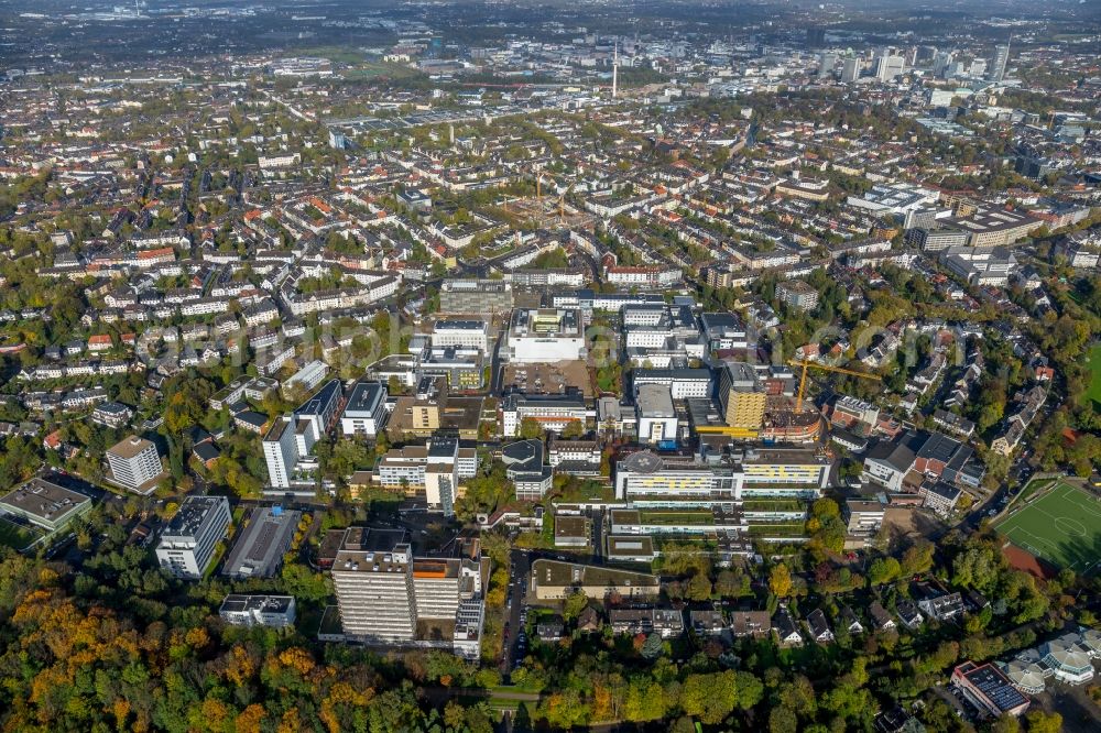 Essen from above - Construction site for a new extension to the hospital grounds Universitaetsklinikum Essen in Essen in the state North Rhine-Westphalia, Germany