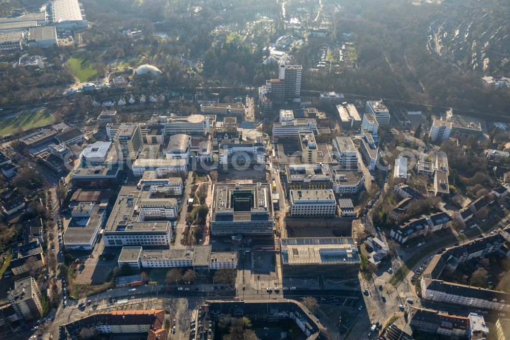 Essen from the bird's eye view: Construction site for a new extension to the hospital grounds Universitaetsklinikum Essen in Essen in the state North Rhine-Westphalia, Germany