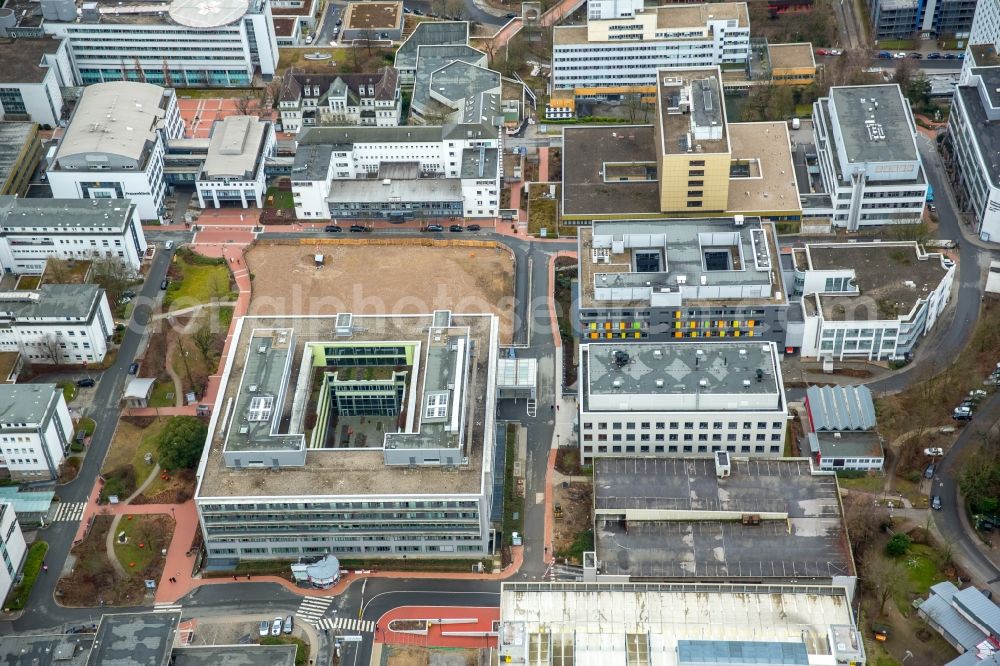 Essen from above - Construction site for a new extension to the hospital grounds Universitaetsklinikum Essen in the district Stadtbezirke III in Essen in the state North Rhine-Westphalia