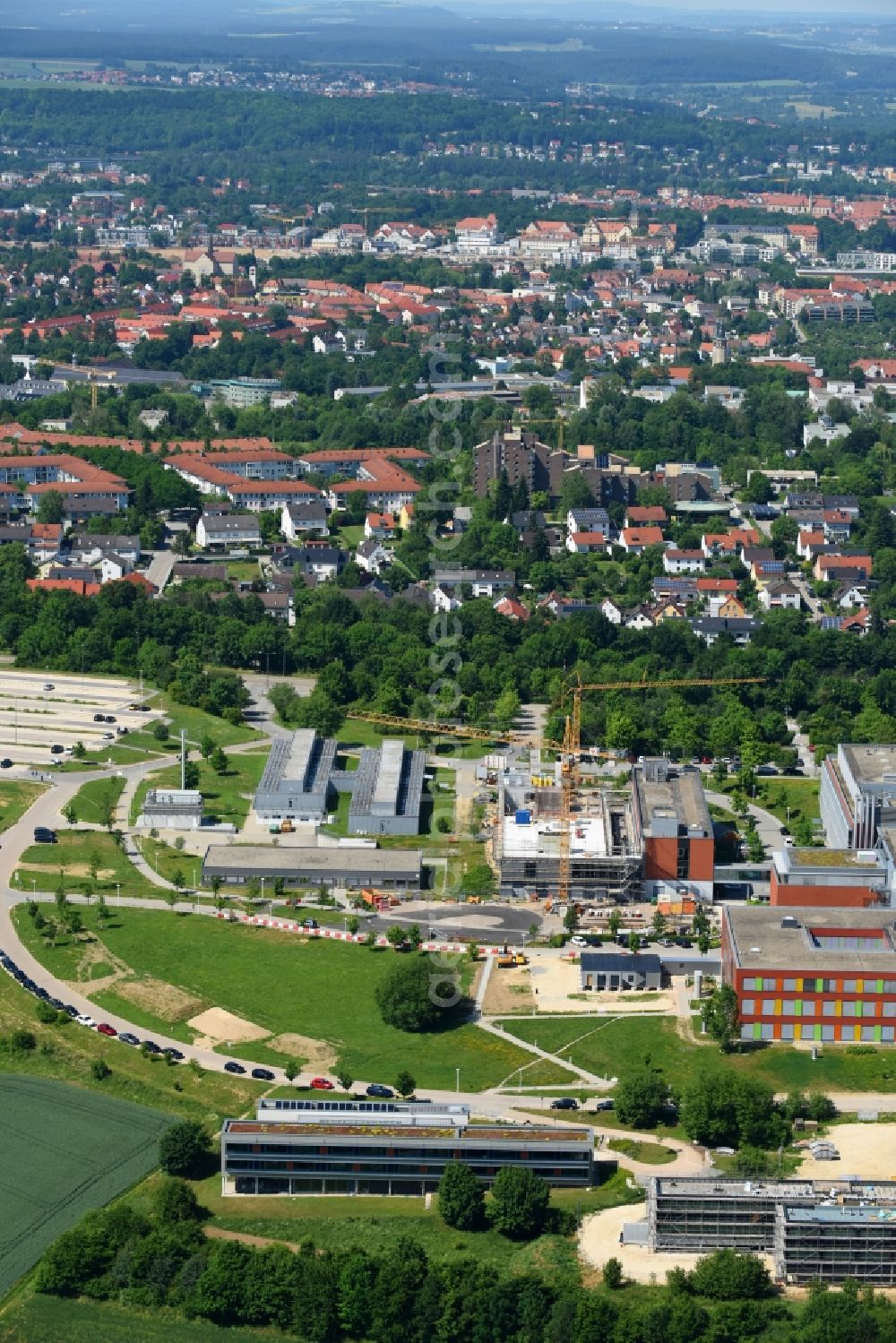 Regensburg from above - Construction site for a new extension to the hospital grounds Universitaetsklinikum Regensburg on Franz-Josef-Strauss-Allee in Regensburg in the state Bavaria, Germany