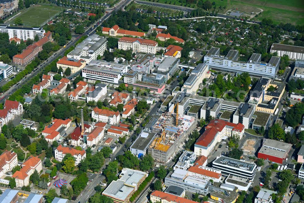 Dresden from above - Construction site for a new extension to the hospital grounds ZSG - Zentrum fuer Seelische Gesundheit on street Fiedlerstrasse in the district Johannstadt in Dresden in the state Saxony, Germany