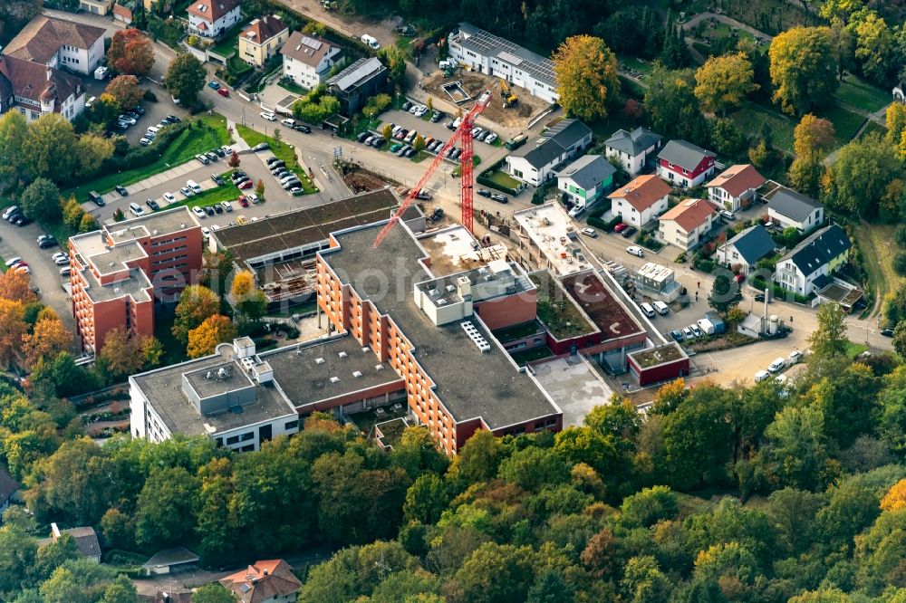 Emmendingen from above - Construction site for a new extension to the hospital grounds in Emmendingen in the state Baden-Wuerttemberg, Germany