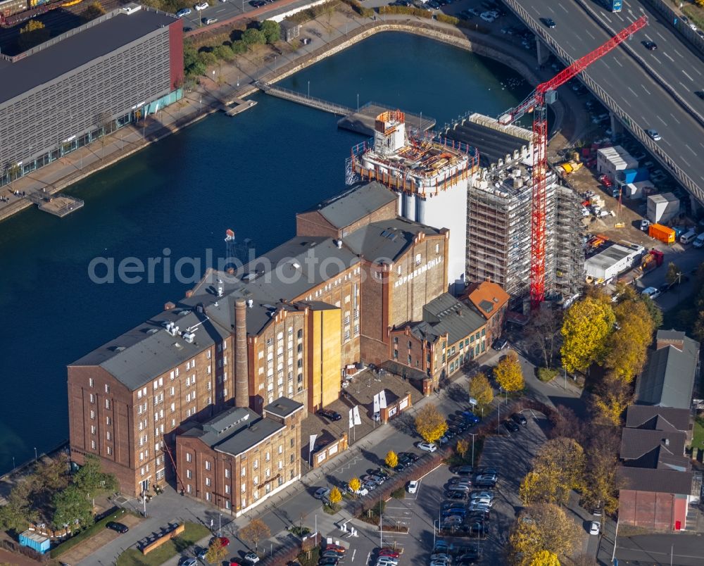 Duisburg from above - Construction site for an extension to the Museum Kueppersmuehle for modern art in Duisburg in the state of North Rhine-Westphalia, Germany