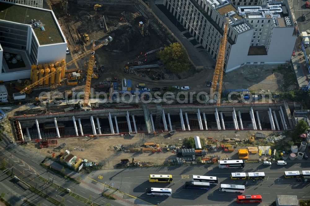 Berlin from above - Construction site of a tunnel of the S-Bahn rail line S21 in the area of Europacity in the North of Invalidenstrasse in Berlin in Germany