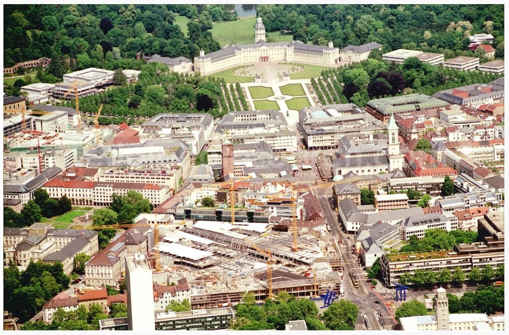 Aerial photograph Karlsruhe - Construction site building of the shopping center Ettlinger Tor Karlsruhe an der Karl-Friedrich-Strasse in Karlsruhe in the state Baden-Wuerttemberg, Germany