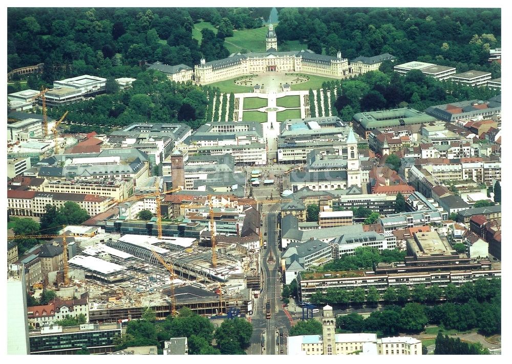 Aerial image Karlsruhe - Construction site building of the shopping center Ettlinger Tor Karlsruhe an der Karl-Friedrich-Strasse in Karlsruhe in the state Baden-Wuerttemberg, Germany