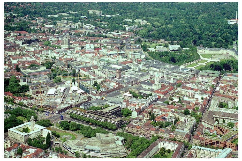 Karlsruhe from the bird's eye view: Construction site building of the shopping center Ettlinger Tor Karlsruhe an der Karl-Friedrich-Strasse in Karlsruhe in the state Baden-Wuerttemberg, Germany