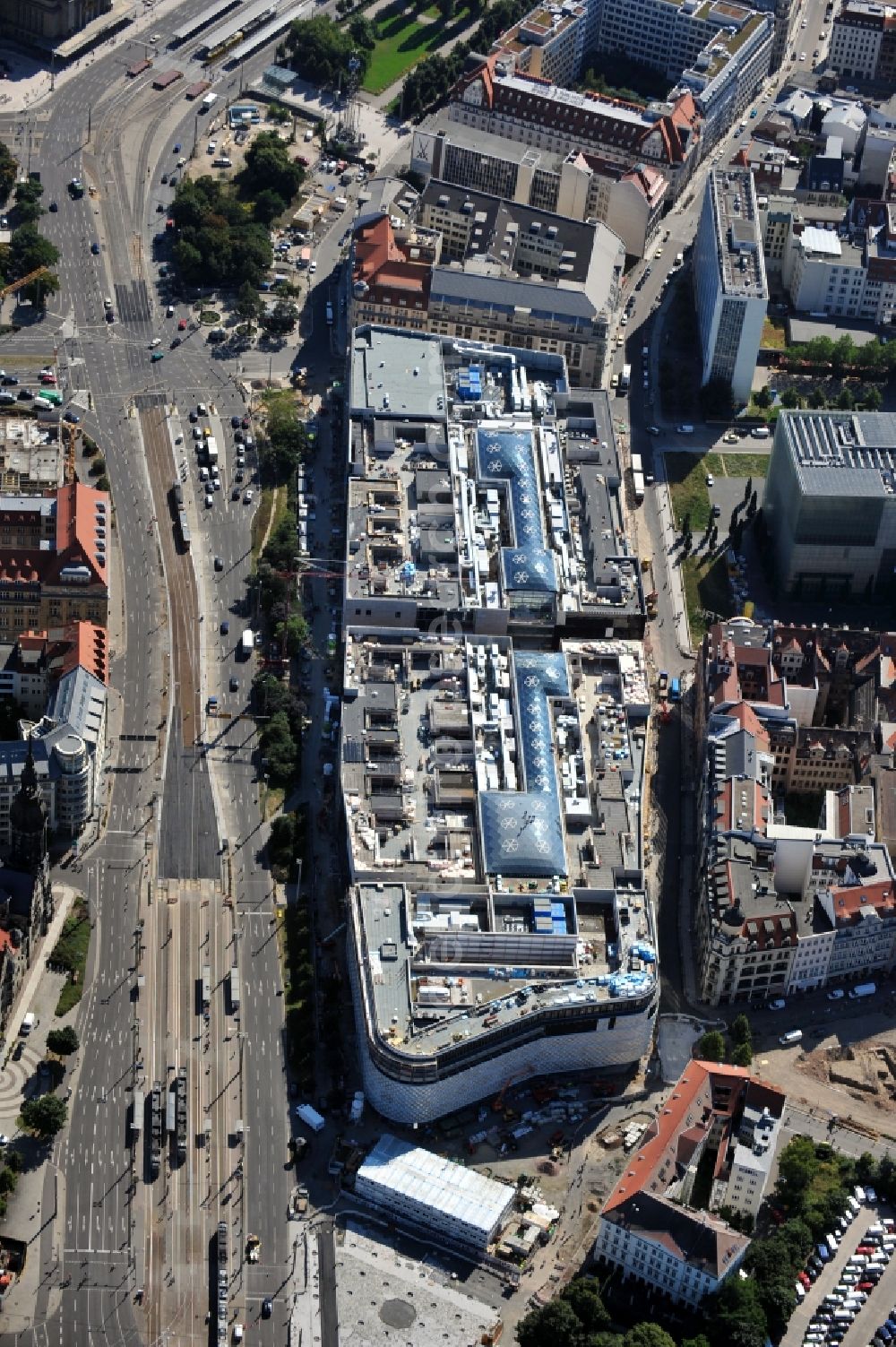 Leipzig from above - View of construction site of the shopping center Hoefe am Bruehl in Leipzig in Saxony