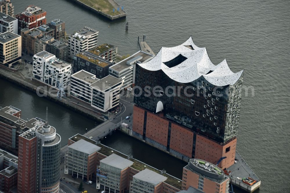 Aerial image Hamburg - The Elbe Philharmonic Hall on the river bank of the Elbe in Hamburg. The building in the district HafenCity is still in process of construction