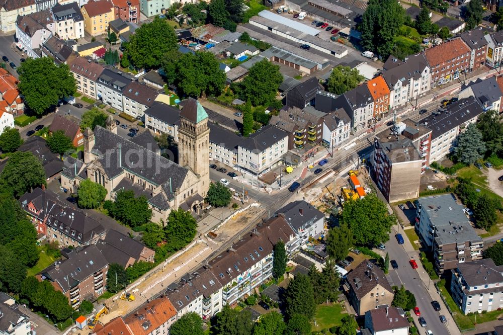 Gelsenkirchen from above - Construction site with Exploration and earthworks along the route course Horster street at the Ludgeri Church in Gelsenkirchen - Buer in North Rhine-Westphalia