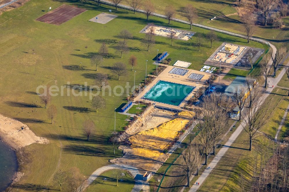 Aerial image Düsseldorf - Construction site with earthworks in the Freibad Loerick in Duesseldorf in the federal state of North Rhine-Westphalia, Germany