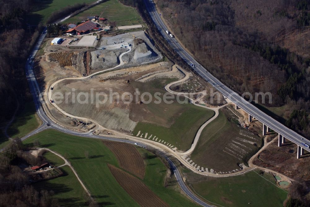 Aerial photograph Inzlingen - Construction site and earth dump from soil of the expansion of the motorway BAB A 98 in Inzlingen in the state Baden-Wuerttemberg