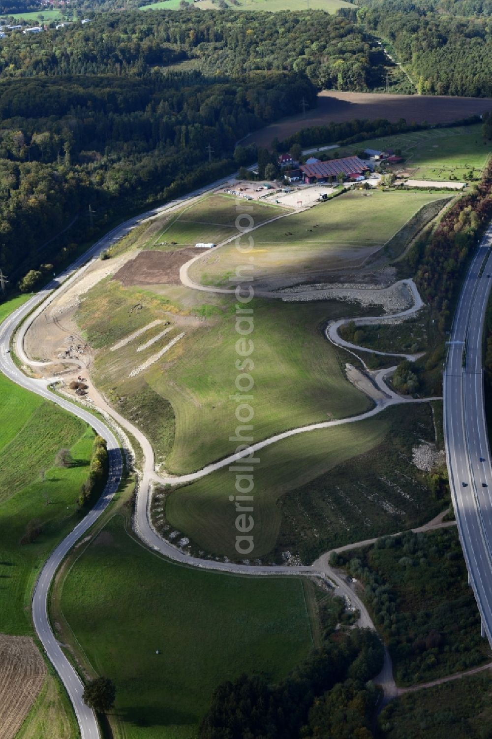 Aerial image Inzlingen - Construction site and earth dump from soil of the expansion of the motorway BAB A 98 in Inzlingen in the state Baden-Wurttemberg