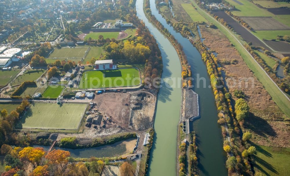 Hamm from above - Construction site with development works and embankments works at the Ahseflussdueker at Datteln Hamm canal at the Lippe river in Hamm in the state North Rhine-Westphalia