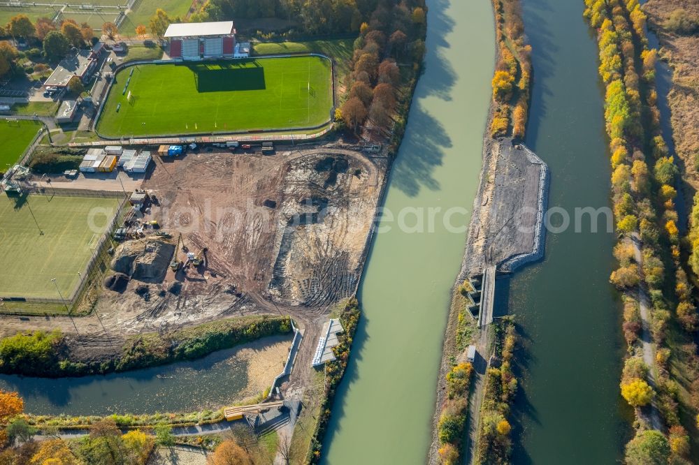 Hamm from the bird's eye view: Construction site with development works and embankments works at the Ahseflussdueker at Datteln Hamm canal at the Lippe river in Hamm in the state North Rhine-Westphalia