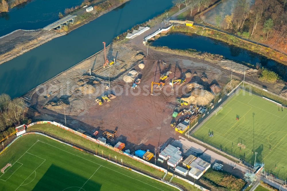 Hamm from above - Construction site with development works and embankments works at the Ahseflussdueker at Datteln Hamm canal at the Lippe river in Hamm in the state North Rhine-Westphalia