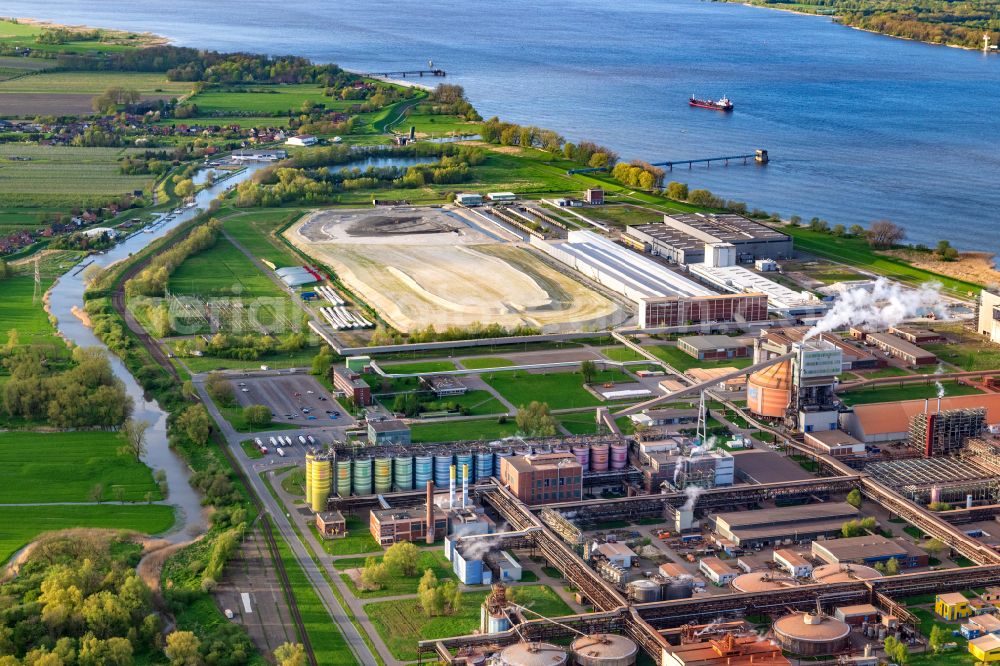 Stade from above - Construction site with development works and embankments works Areva on street Johann-Rathje-Koeser-Strasse in Stade in the state Lower Saxony, Germany