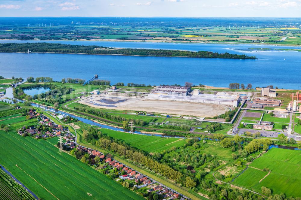 Stade from above - Construction site with development works and embankments works Areva on street Johann-Rathje-Koeser-Strasse in Stade in the state Lower Saxony, Germany