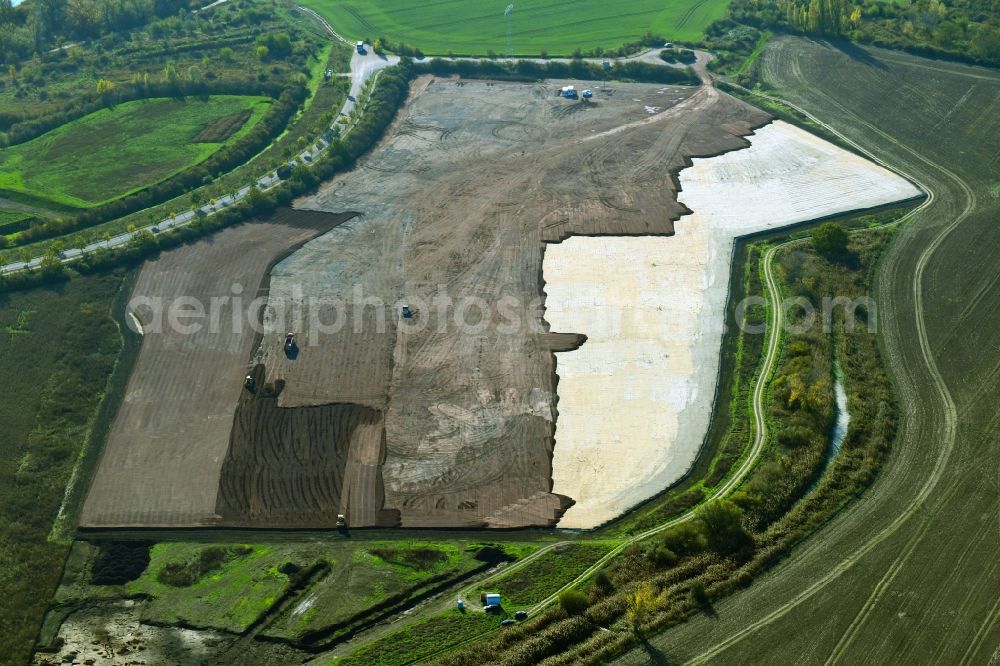 Magdeburg from above - Construction site with development works and embankments works on Burger Strasse in the district Gewerbegebiet Nord in Magdeburg in the state Saxony-Anhalt, Germany