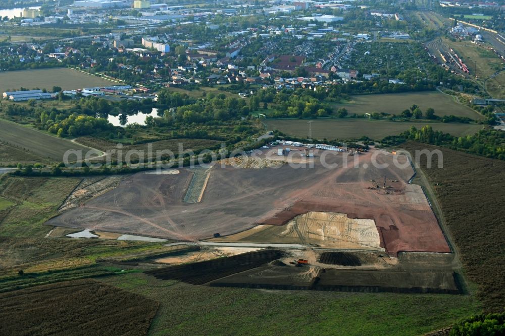 Aerial image Magdeburg - Construction site with development works and embankments works on Burger Strasse in the district Gewerbegebiet Nord in Magdeburg in the state Saxony-Anhalt, Germany