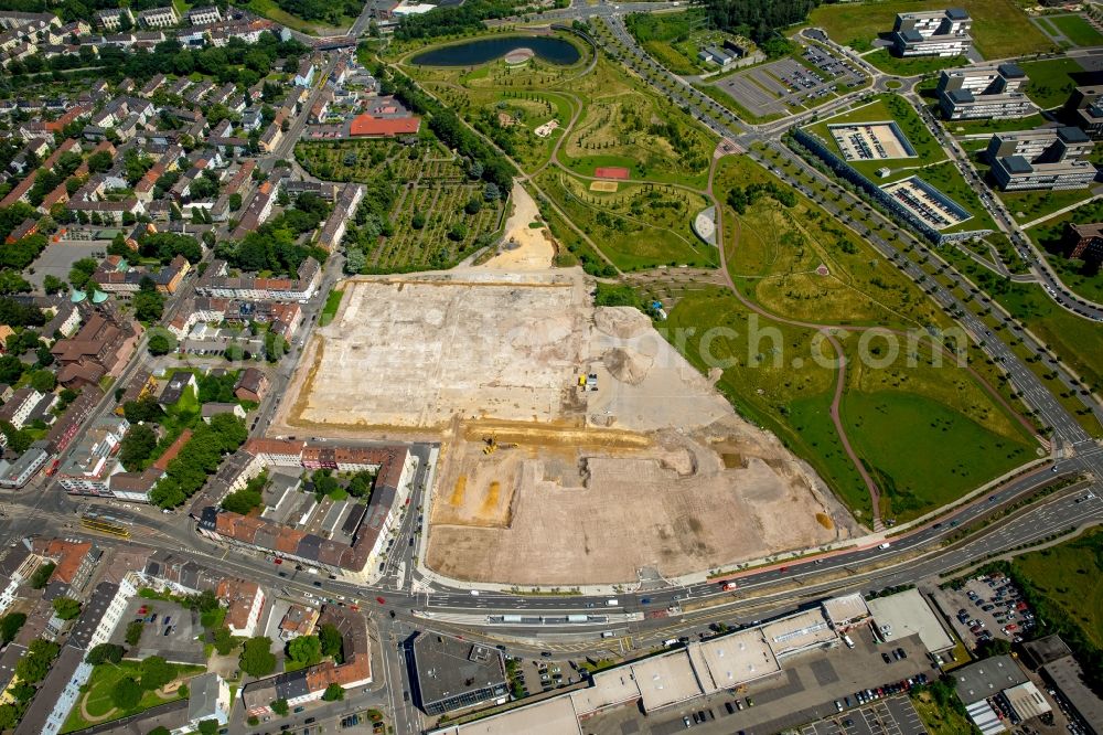 Essen from the bird's eye view: Construction site with development works - and embankments works - Dickmann street corner Altendorfer street in Essen in North Rhine-Westphalia