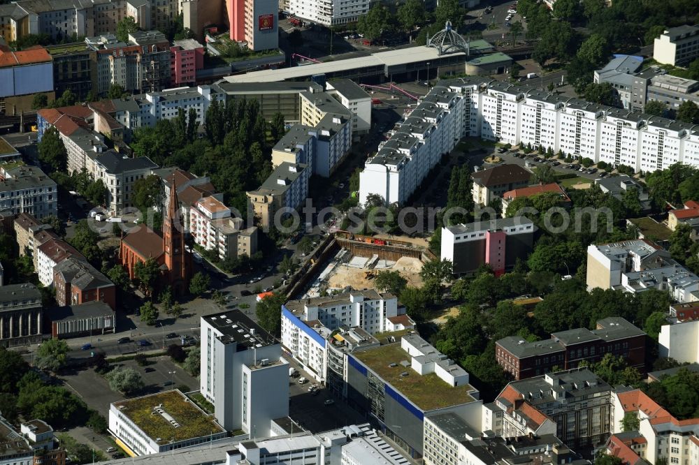 Berlin from the bird's eye view: Construction site with development works and embankments works in the Else-Lasker-Schueler-Street in Berlin