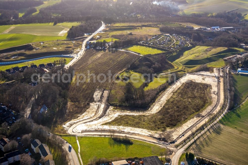 Heiligenhaus from above - Construction site with development works and embankments works along the Friedhofsallee in Heiligenhaus in the state North Rhine-Westphalia, Germany