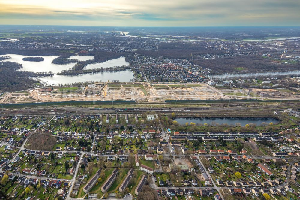 Aerial photograph Duisburg - Construction site with development works and embankments works in the development area of the 6-Seen-Platte on Masurenallee on Masurenallee in the district Wedau in Duisburg at Ruhrgebiet in the state North Rhine-Westphalia, Germany