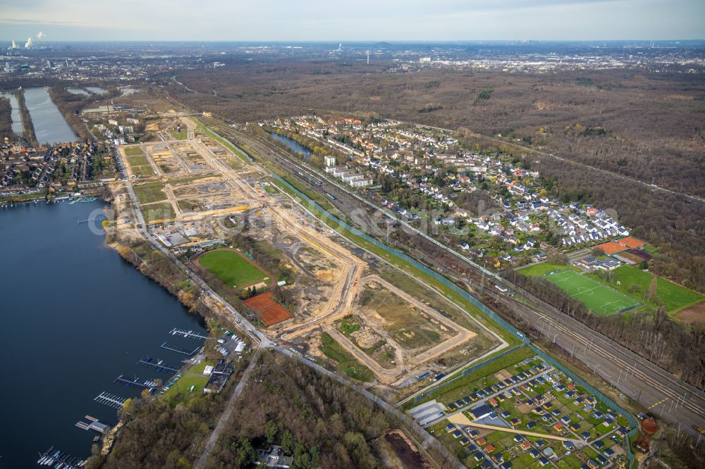 Aerial photograph Duisburg - Construction site with development works and embankments works in the development area of the 6-Seen-Platte on Masurenallee on Masurenallee in the district Wedau in Duisburg at Ruhrgebiet in the state North Rhine-Westphalia, Germany