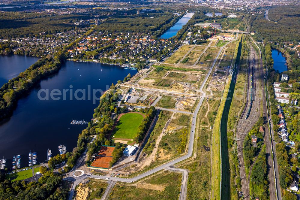 Duisburg from the bird's eye view: construction site with development works and embankments works in the development area of the 6-Seen-Platte on Masurenallee on Masurenallee in the district Wedau in Duisburg at Ruhrgebiet in the state North Rhine-Westphalia, Germany