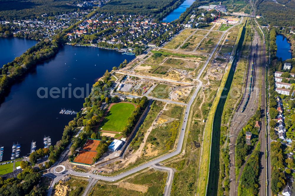 Aerial image Duisburg - construction site with development works and embankments works in the development area of the 6-Seen-Platte on Masurenallee on Masurenallee in the district Wedau in Duisburg at Ruhrgebiet in the state North Rhine-Westphalia, Germany