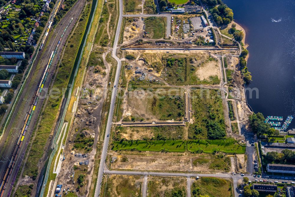 Aerial image Duisburg - Construction site with development works and embankments works in the development area of the 6-Seen-Platte on Masurenallee on Masurenallee in the district Wedau in Duisburg at Ruhrgebiet in the state North Rhine-Westphalia, Germany