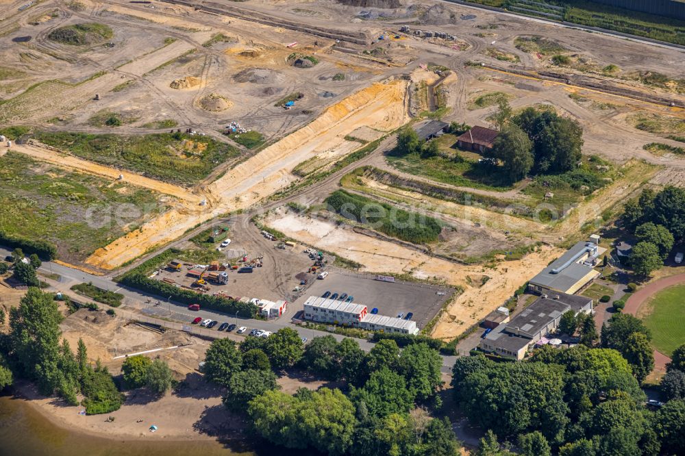 Aerial image Duisburg - Construction site with development works and embankments works in the development area of the 6-Seen-Platte with Strabag containers on Masurenallee on Masurenallee in Duisburg at Ruhrgebiet in the state North Rhine-Westphalia, Germany