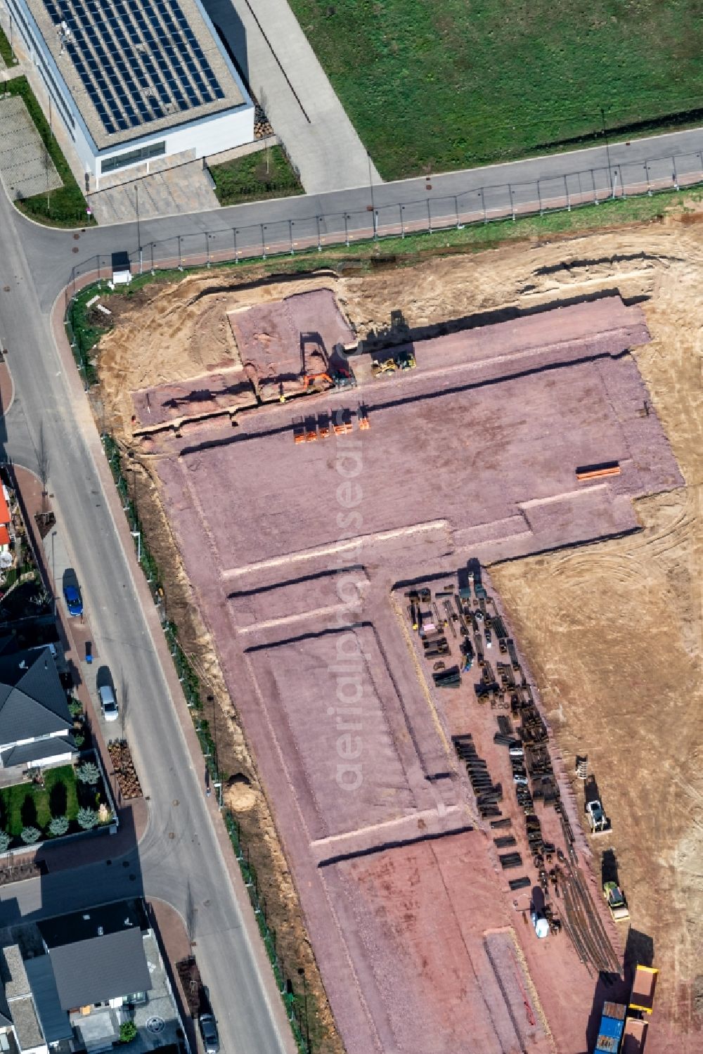 Aerial image Kenzingen - Construction site with development works and embankments works on Feuerwehrweg in Kenzingen in the state Baden-Wurttemberg, Germany