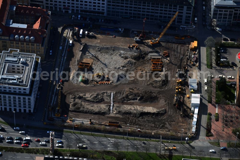 Leipzig from the bird's eye view: Construction site with development and landfill works on the site of the future Saechsische Aufbaubank (SAB) in Leipzig, Saxony