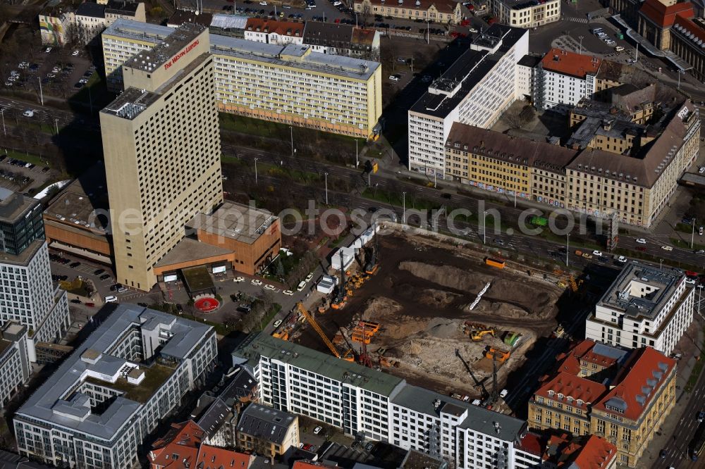 Aerial image Leipzig - Construction site with development and landfill works on the site of the future Saechsische Aufbaubank (SAB) in Leipzig, Saxony