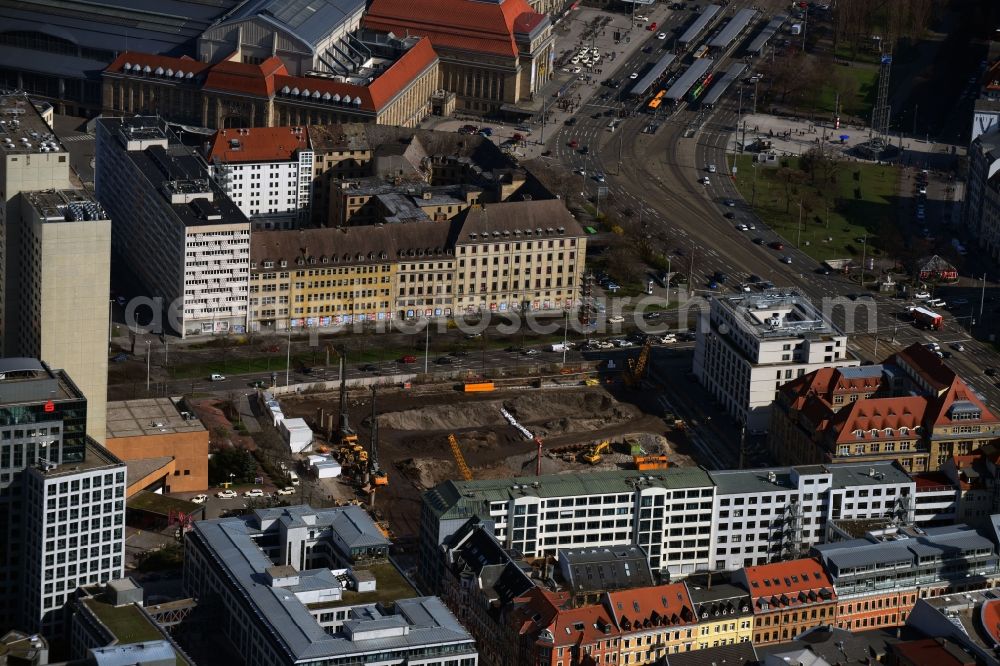 Leipzig from the bird's eye view: Construction site with development and landfill works on the site of the future Saechsische Aufbaubank (SAB) in Leipzig, Saxony