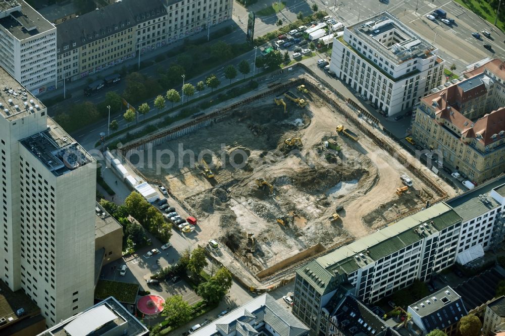 Leipzig from the bird's eye view: Construction site with development and landfill works on the site of the future Saechsische Aufbaubank (SAB) in Leipzig, Saxony