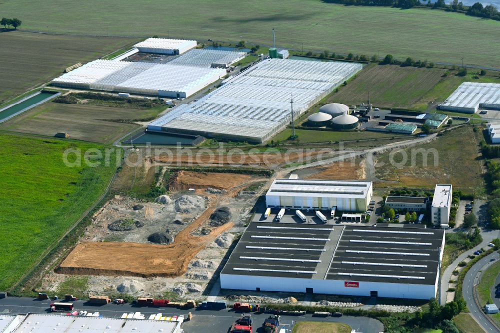 Aerial image Thiendorf - Construction site with development works and embankments works in the commercial area on street Am Fiebig in Thiendorf in the state Saxony, Germany