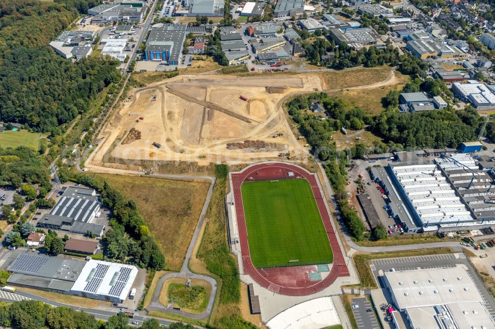 Aerial image Velbert - Construction site with development works and embankments works on Industriestrasse in Velbert in the state North Rhine-Westphalia, Germany