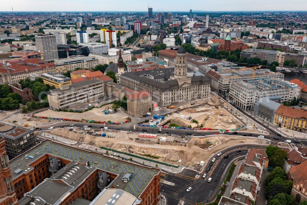 Berlin from above - Construction site with development works and embankments works as part of the reconstruction project on Molkenmarkt overlooking Rotes Rathaus along the Grunerstrasse in the district Mitte in Berlin, Germany