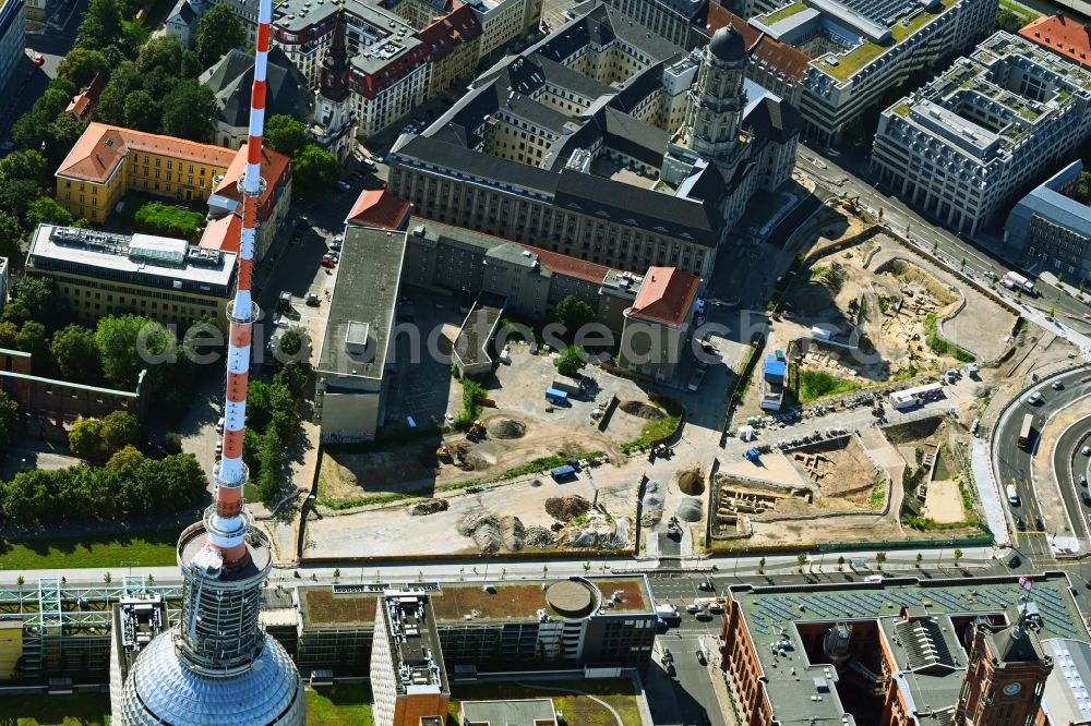 Berlin from above - Construction site with development works and embankments works as part of the reconstruction project on Molkenmarkt overlooking Rotes Rathaus along the Grunerstrasse in the district Mitte in Berlin, Germany