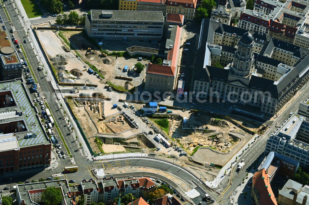 Berlin from above - Construction site with development works and embankments works as part of the reconstruction project on Molkenmarkt overlooking Rotes Rathaus along the Grunerstrasse in the district Mitte in Berlin, Germany