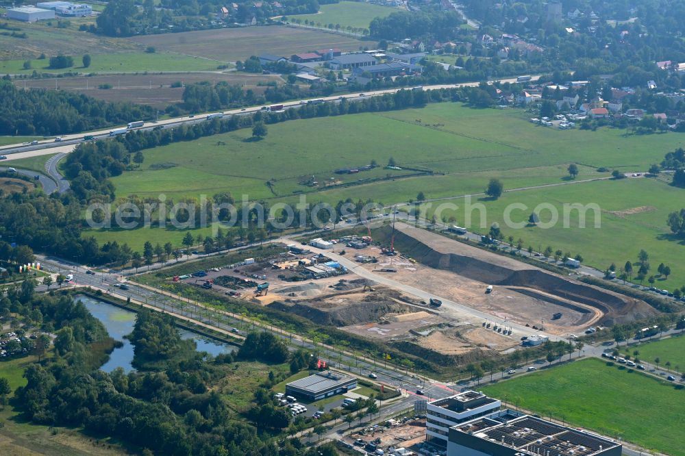 Aerial photograph Dresden - Construction site with development works and embankments works on street Raehnitzer Allee - Wilschdorfer Landstrasse in the district Hellerau in Dresden in the state Saxony, Germany