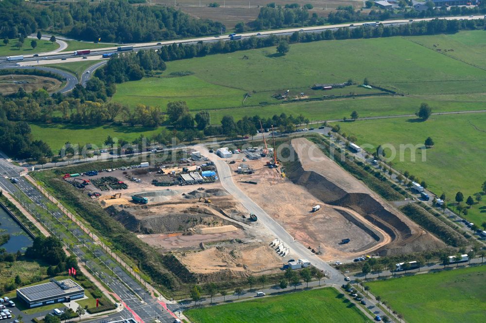 Dresden from above - Construction site with development works and embankments works on street Raehnitzer Allee - Wilschdorfer Landstrasse in the district Hellerau in Dresden in the state Saxony, Germany