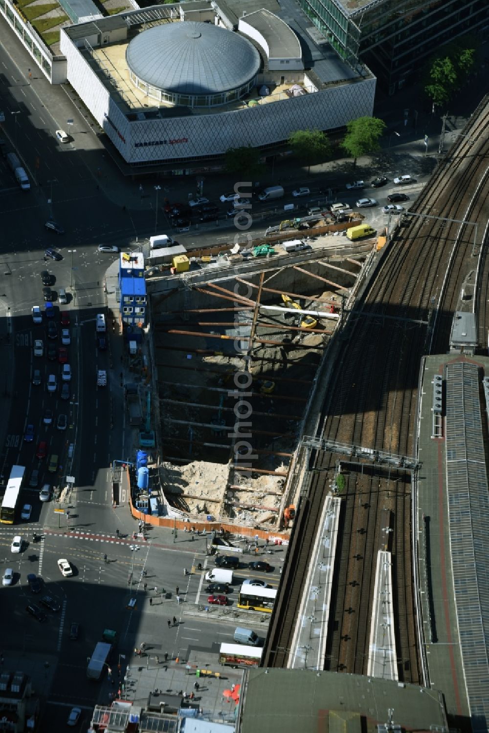 Aerial photograph Berlin - Construction site with development works and embankments works of Porr Deutschland GmbH for a commercial building of Hines Interests Limited on Joachimstaler Strasse corner Hardenbergstrasse in Berlin