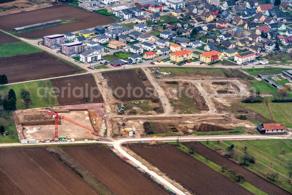 Rust from the bird's eye view: Construction site with development works and embankments works in Rust in the state Baden-Wurttemberg, Germany