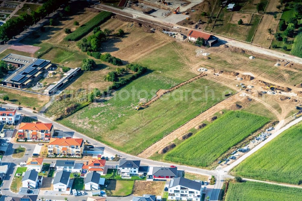 Rust from the bird's eye view: Construction site with development works and embankments works in Rust in the state Baden-Wurttemberg, Germany