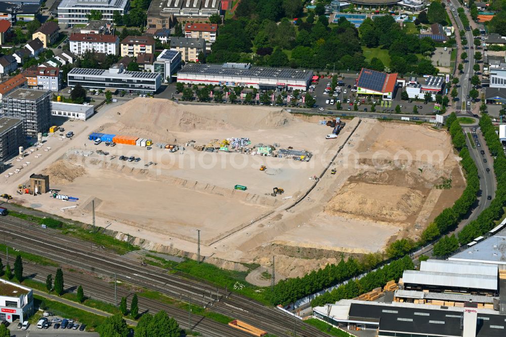 Aerial photograph Schwetzingen - Construction site with development works and embankments works on street Scheffelstrasse in Schwetzingen in the state Baden-Wuerttemberg, Germany